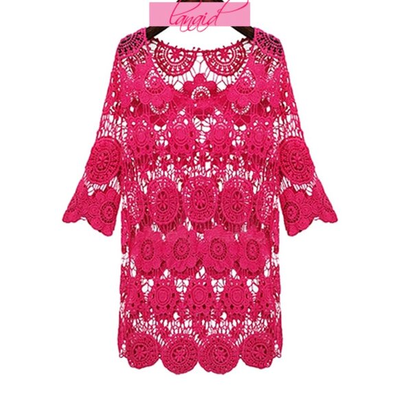 Hot Pink Open Knit Floral Sheer Cutouts Crochet Yarn Tunic Fuchsia See-Through - Picture 2 of 5